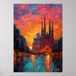 Póster Expressionist Barcelona Skyline Vibrant Cityscape 