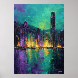 Póster Expressionist Hong Kong Skyline Neon Harbor City