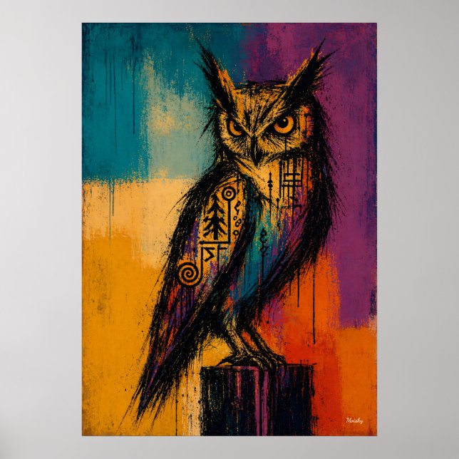 Póster Expressionist Owl in Color Fields Abstract Poster (Frente)