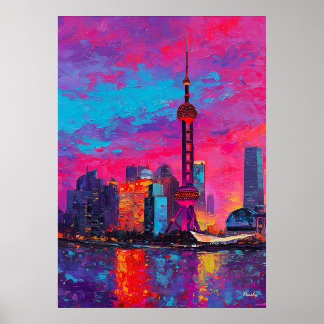 Póster Expressionist Shanghai Skyline Colorful Urban City (Frente)