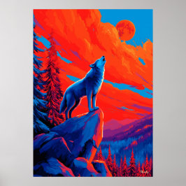 Póster Expressionist Wolf Under Crimson Moon Wall Art