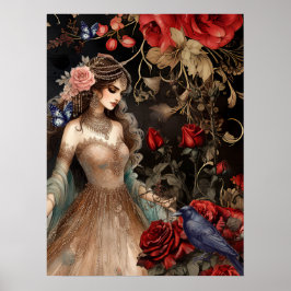 Póster Exquisita Belleza Oscura Roses Rojas y Raven
