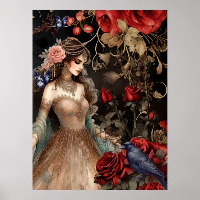 Póster Exquisita Belleza Oscura Roses Rojas y Raven (Frente)