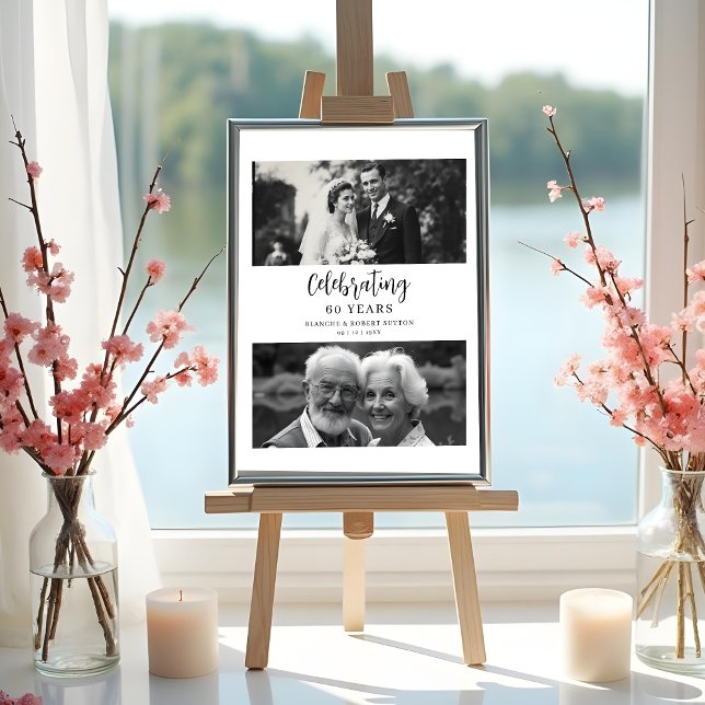 Póster Exquisite Black White Elegant Wedding Anniversarie (Exquisite Black & White Elegant Wedding Anniversarie 2 Photos Posters. Them and Now Photos. )