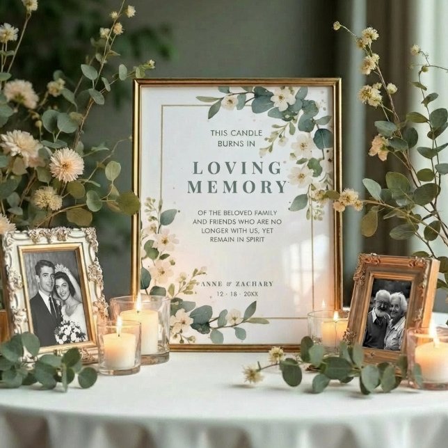 Póster Exquisite Flowers & Eucalyptus Wedding Memorial (Delicate Flowers & Eucalyptus Wedding Memorial Loved Ones Frame Posters with Garden Inspired Design.)