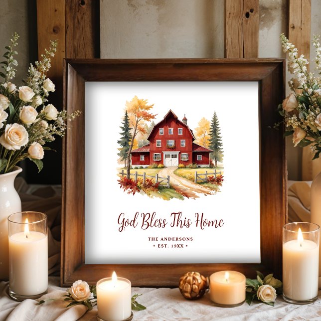 Póster Exquisito estilo de casa de campo Rústico Rojo (Exquisite Red Rustic Barn Classic Farmhouse Style Square Posters with Personalized Family Name.)