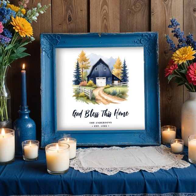Póster Exquisito estilo rústico de granjas azul estilo ca (Exquisite Blue Rustic Barn Classic Farmhouse Style Square Posters with Personalized Family Name)