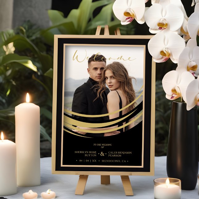 Póster Exquisito resumen de oro foto de forma geométrica (Exquisite Faux Golden Abstract Geometric Shape Photo Wedding Welcome Guests Poster.)