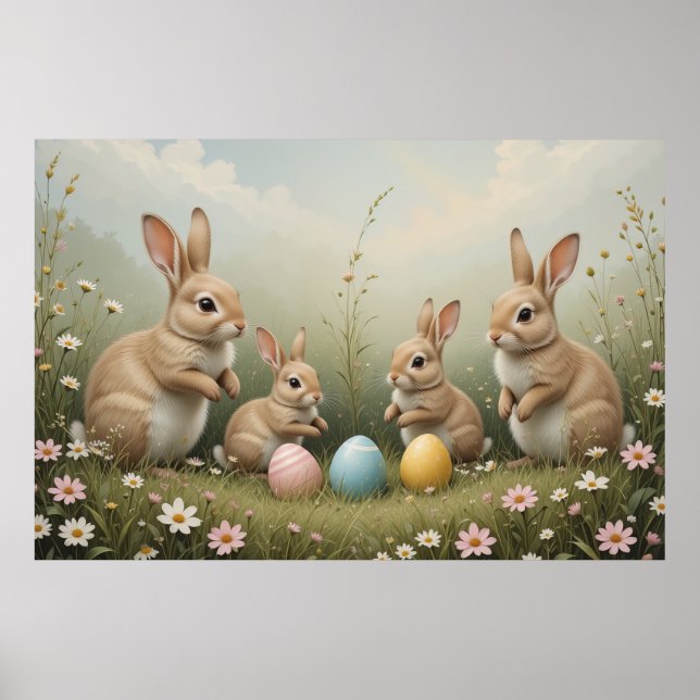 Póster Exquisitos conejillos de Pascua en pradera pastel  (Frente)