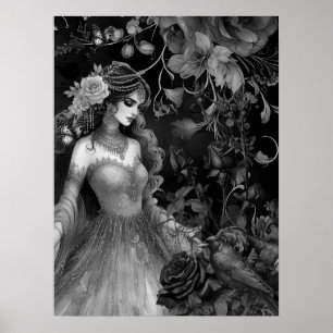 Póster Exquisitos Rosas de belleza monocromático oscuro y