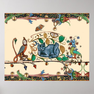 PÓSTER EXTRAÑO BESTIARIO MEDIEVAL CAZADOR GATO,AVE, HALCÓ