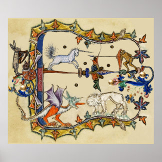 PÓSTER EXTRAÑO BESTIARIO MEDIEVAL, MONO DE LUCHA UNICORN