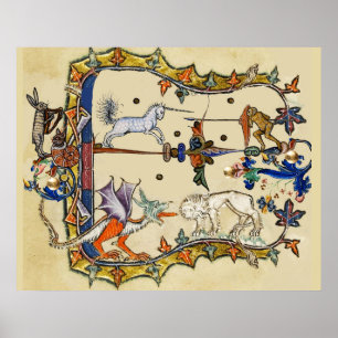 PÓSTER EXTRAÑO BESTIARIO MEDIEVAL, MONO DE LUCHA UNICORN
