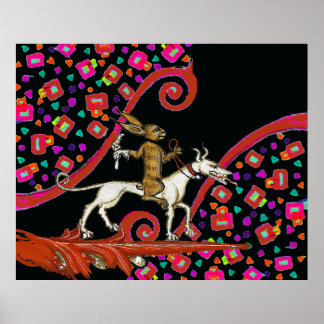 Póster EXTRAÑO conejo BESTIARIO MEDIEVAL montando un perr