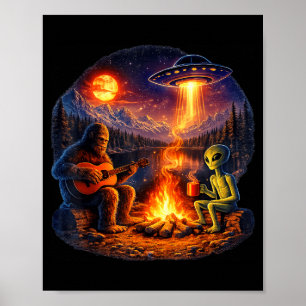 Póster Extraterrestre Divertido y Bigfoot Fogata Luna OVN