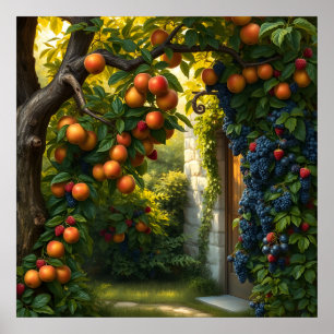 Póster Exuberante Escena Jardín Con Manzanas Y Uvas Libre