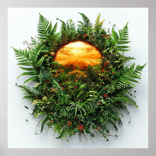 Póster Exuberante vegetación rodeando una puesta de sol r