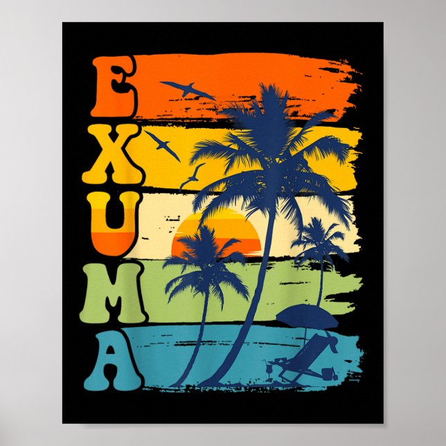 Póster Exuma Bahamas Retro Palm Tree Beach vacaciones de  (Frente)