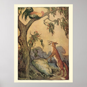 Póster Fábulas de Esopo vintage, Zorro, Gallo y Perro