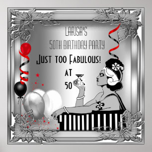 Póster Fabuloso 50 Banner de cumpleaños Diva Art Deco Roj