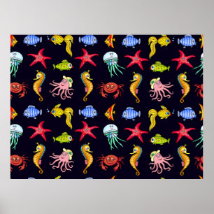 Póster Fabulous nautical pattern with a fun orange sea ho