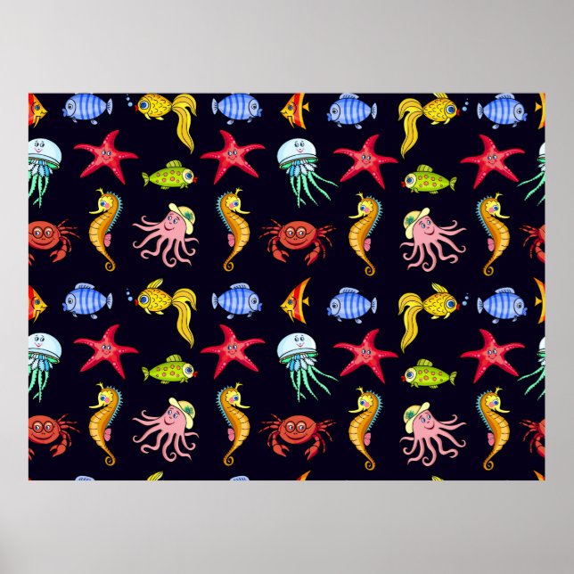 Póster Fabulous nautical pattern with a fun orange sea ho (Frente)