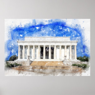 Póster fachada del Monumento a Lincoln en acuarela