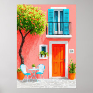 Póster Fachada italiana con un árbol en flor