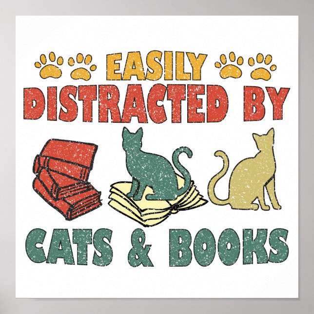Póster Fácilmente Distraído Por Gatos Y Libros (Frente)