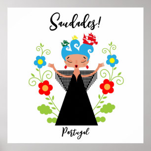 Póster Fado woman singer with Portuguese caravel ships 