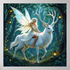 Póster Fairy and White Deer Magical Forest