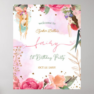 Póster Fairy First Birday Party Baby Girl Welcome Sign