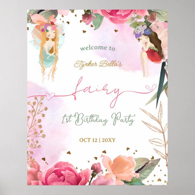Póster Fairy First Birday Party Baby Girl Welcome Sign (Frente)