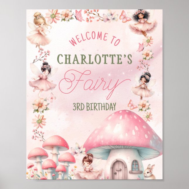 Póster Fairy Mushroom House Pink Birthday (Frente)