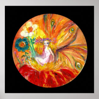 Póster FAIRY OF FLOWERS, Fantasía negra amarilla roja