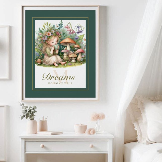 Póster Fairy Princess Magic Tea Monograma Inspirador (enchanted garden fairy princess tea mushrooms nursery kids decor poster personalized monogram cute)