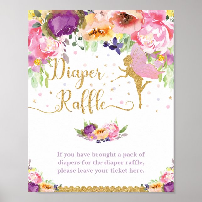 Póster Fairy Purple Pink Floral Baby Diaper Raffle Sign (Frente)