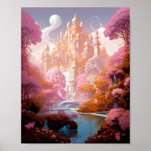 Póster Fairy Tale Castle Pink White Gold Fantasma Art