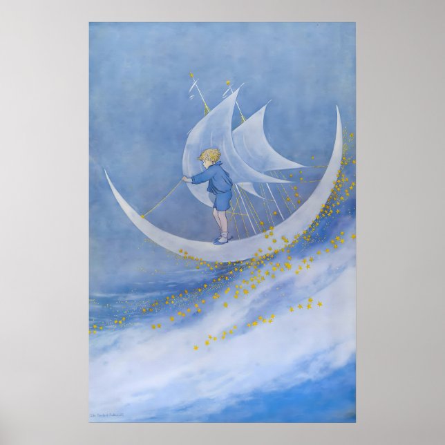 Póster Fairy Tale Moon Print Whimsical Boy on Crescent (Frente)
