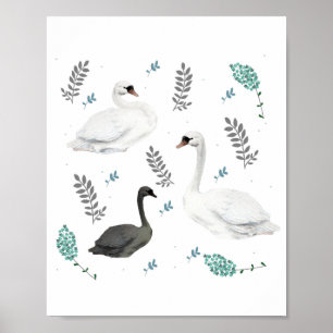 Póster Fairytale Ilustracion Swan Folk Botánico