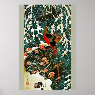 Póster Faisanes en la nieve, árbol de pino, rosas, floral