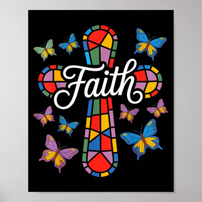 Póster Faith Cross Butterflies And Flowers Christian  (Frente)