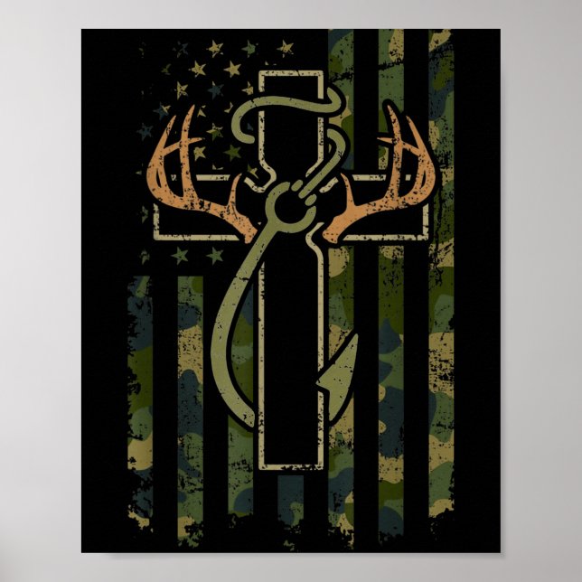 Póster Faith Fishing Hunting Camo Us Flag Cross With Hook (Frente)