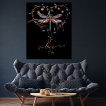 Faith Hope Love Dragonfly Floral Heart Black