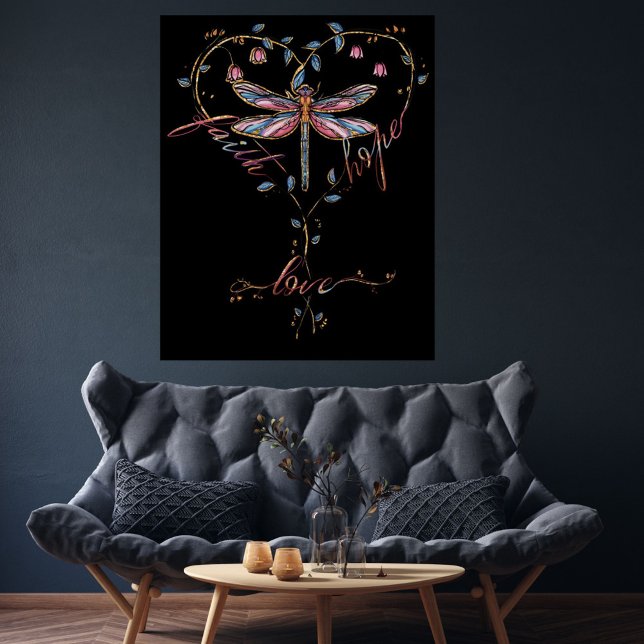 Póster Faith Hope Love Dragonfly Floral Heart Black (Subido por el creador)