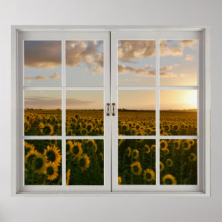 Póster Fake Window Floral Sunflower paisaje