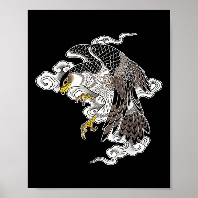 Póster Falcon Hawk Volando X nubes japonesas Tattoo Flash (Frente)