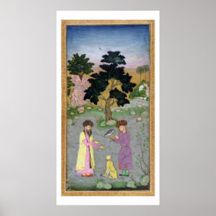 Póster Falconer with companion and pet cheetah, from the