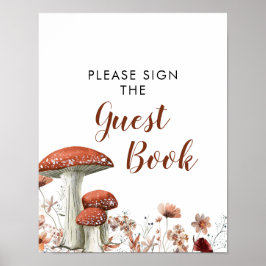Póster Fall Boho Mushroom Floral Baby Shower Guest Book