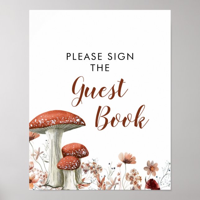 Póster Fall Boho Mushroom Floral Baby Shower Guest Book (Frente)